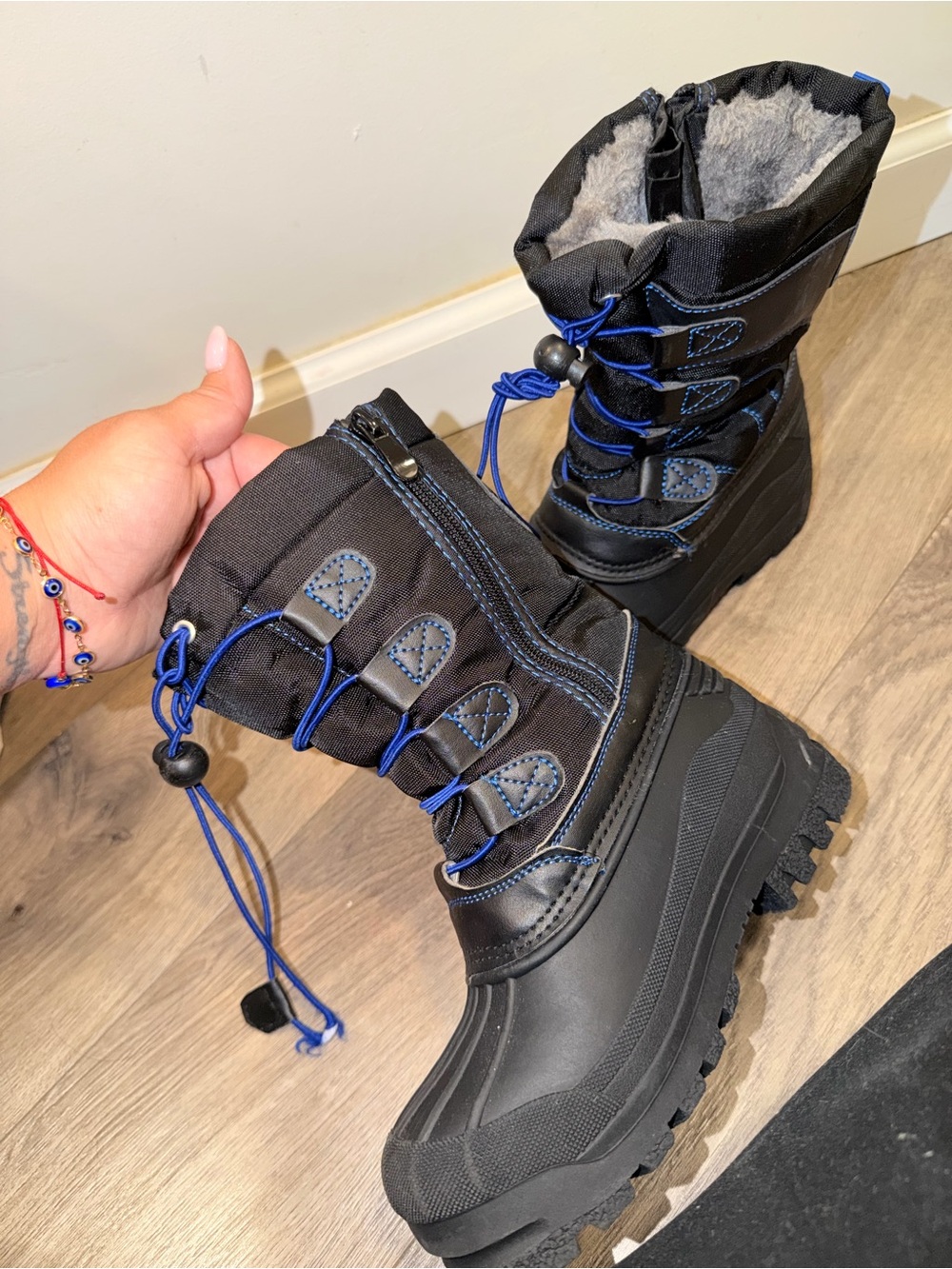 Kids Black Winter Snow Boots with Blue Accents